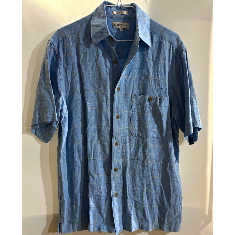Chereskin Men's S Blue Plaid Short Sleeve Button-Up Point Collar Linen/Rayon